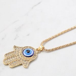Gold Hamsa Hand + Evil Eye Pendant Necklace